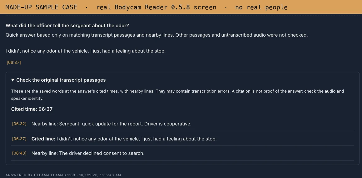 An Ask answer in Bodycam Reader on the made-up case: the officer's line about not noticing any odor, cited at 6:37, with the original transcript lines around it shown for checking.