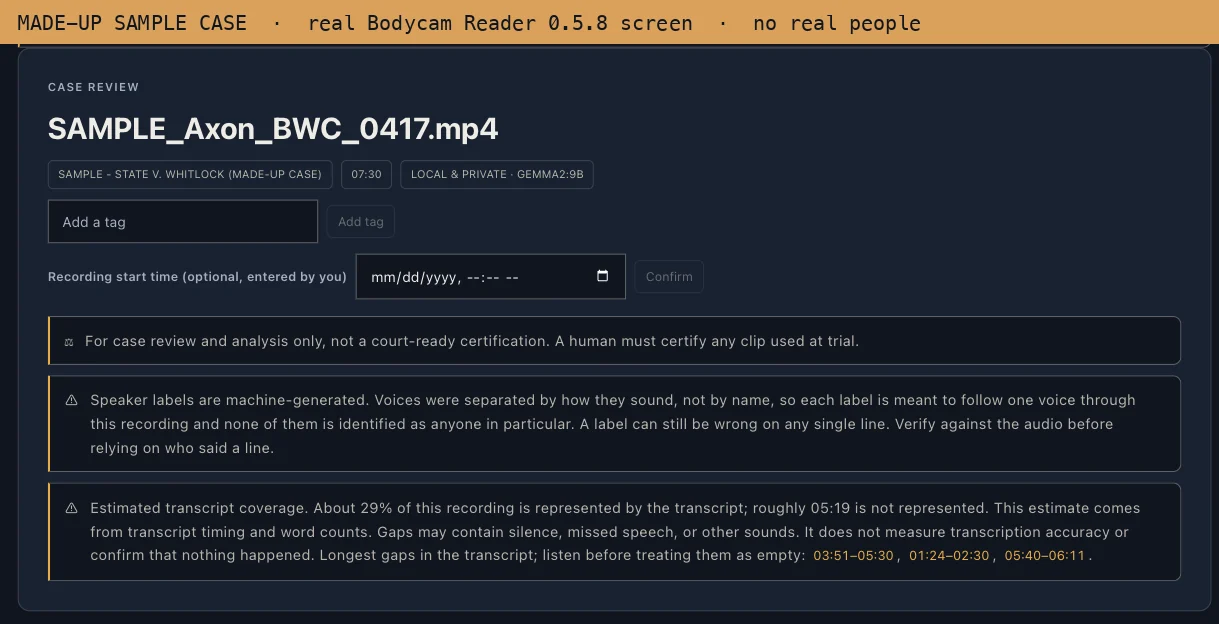 Bodycam Reader review screen for a file named SAMPLE_Axon_BWC_0417.mp4, labelled made-up case, showing notices that speaker labels are machine-generated and that about 29 percent of the recording produced words, with the longest gaps listed by time.